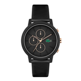 A black round analog watch with a textured black strap, a black dial featuring three subdials, rose gold-tone hands and markers, and the green Lacoste crocodile logo at 3 o'clock.
Lacoste 12.12 Chrono Fashion Black 43 mm Dial Men Watch 2011247