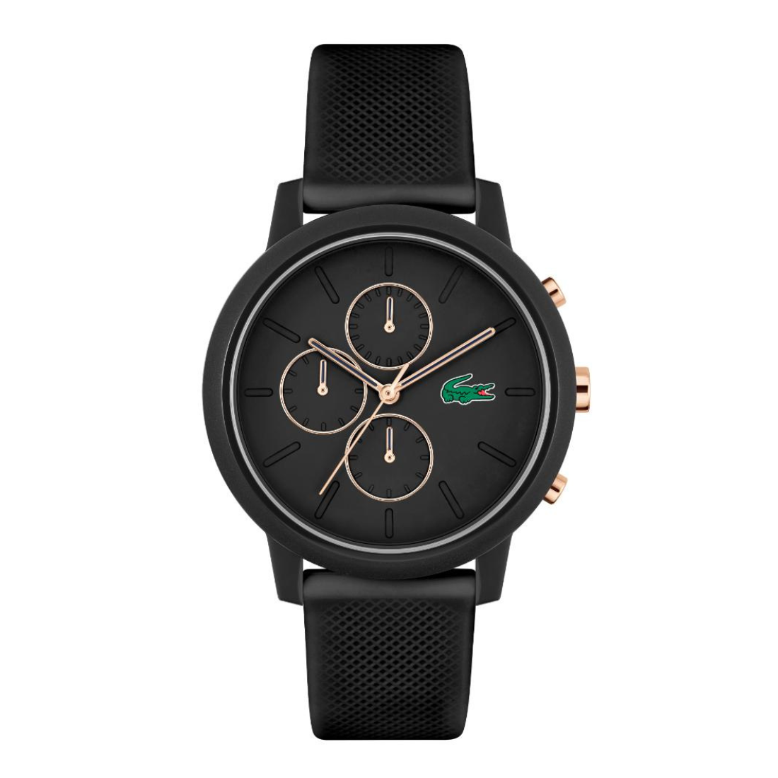 A black round analog watch with a textured black strap, a black dial featuring three subdials, rose gold-tone hands and markers, and the green Lacoste crocodile logo at 3 o'clock.
Lacoste 12.12 Chrono Fashion Black 43 mm Dial Men Watch 2011247