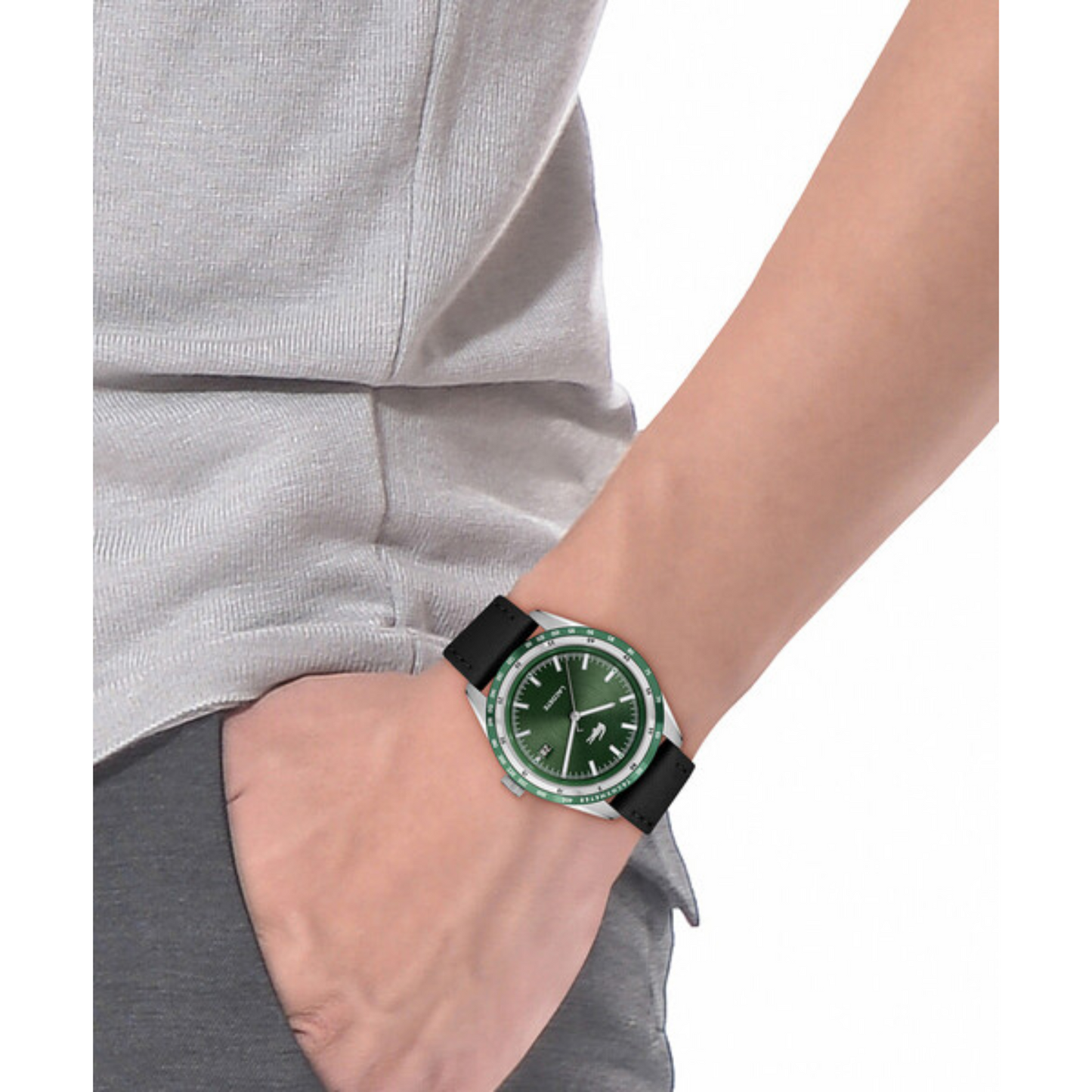 Lacoste Men 40 mm Quartz Analog Green Dial Black Synthetic Leather Strap Watch 2011292
