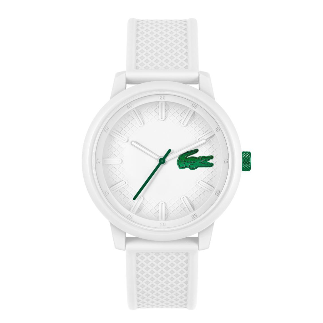 A white Lacoste watch with a textured white silicone strap, a white dial, and green accents including the iconic crocodile logo and hands.