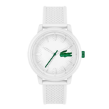 A white Lacoste watch with a textured white silicone strap, a white dial, and green accents including the iconic crocodile logo and hands.