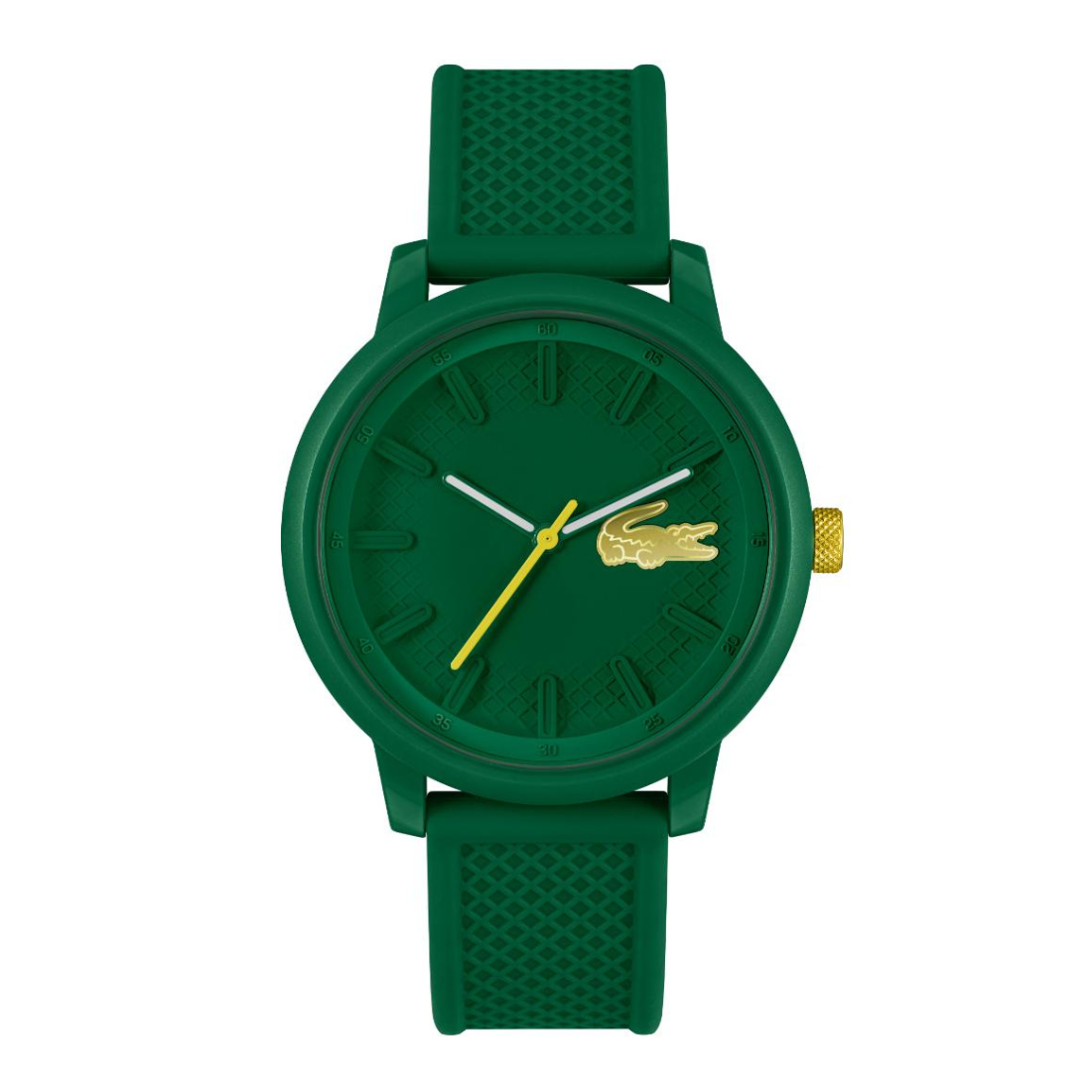 A green Lacoste watch with a matching green silicone strap, featuring a gold crocodile logo on the dial and a textured gold crown, set against a plain white background.