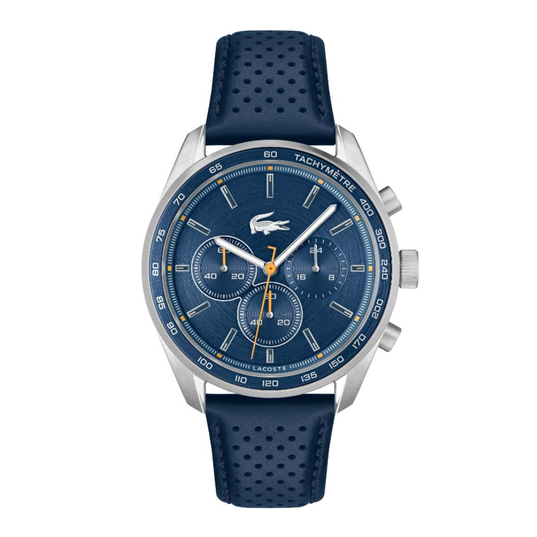 Lacoste chronograph watch with a blue dial, silver-tone case, and perforated blue strap on a white background.