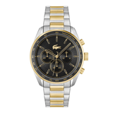 A two-tone Lacoste chronograph watch with a silver and gold stainless steel link bracelet, a gold-tone bezel, and a black dial with gold accents.