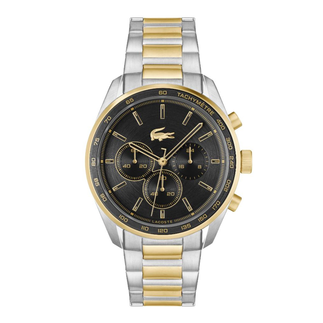 A two-tone Lacoste chronograph watch with a silver and gold stainless steel link bracelet, a gold-tone bezel, and a black dial with gold accents.