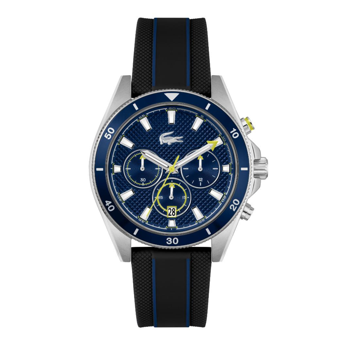 A Lacoste chronograph watch with a blue textured dial, silver-tone stainless steel case, and a black textured rubber strap with blue stripes, shown against a plain white background.