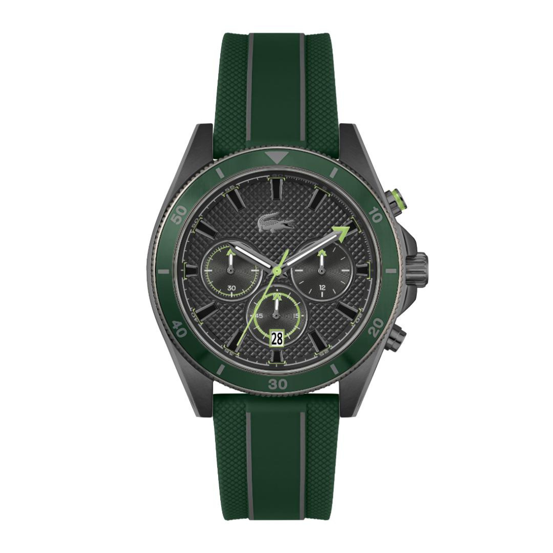 A Lacoste chronograph watch with a dark green textured silicone strap, a dark green bezel, and a black textured dial with green accents.