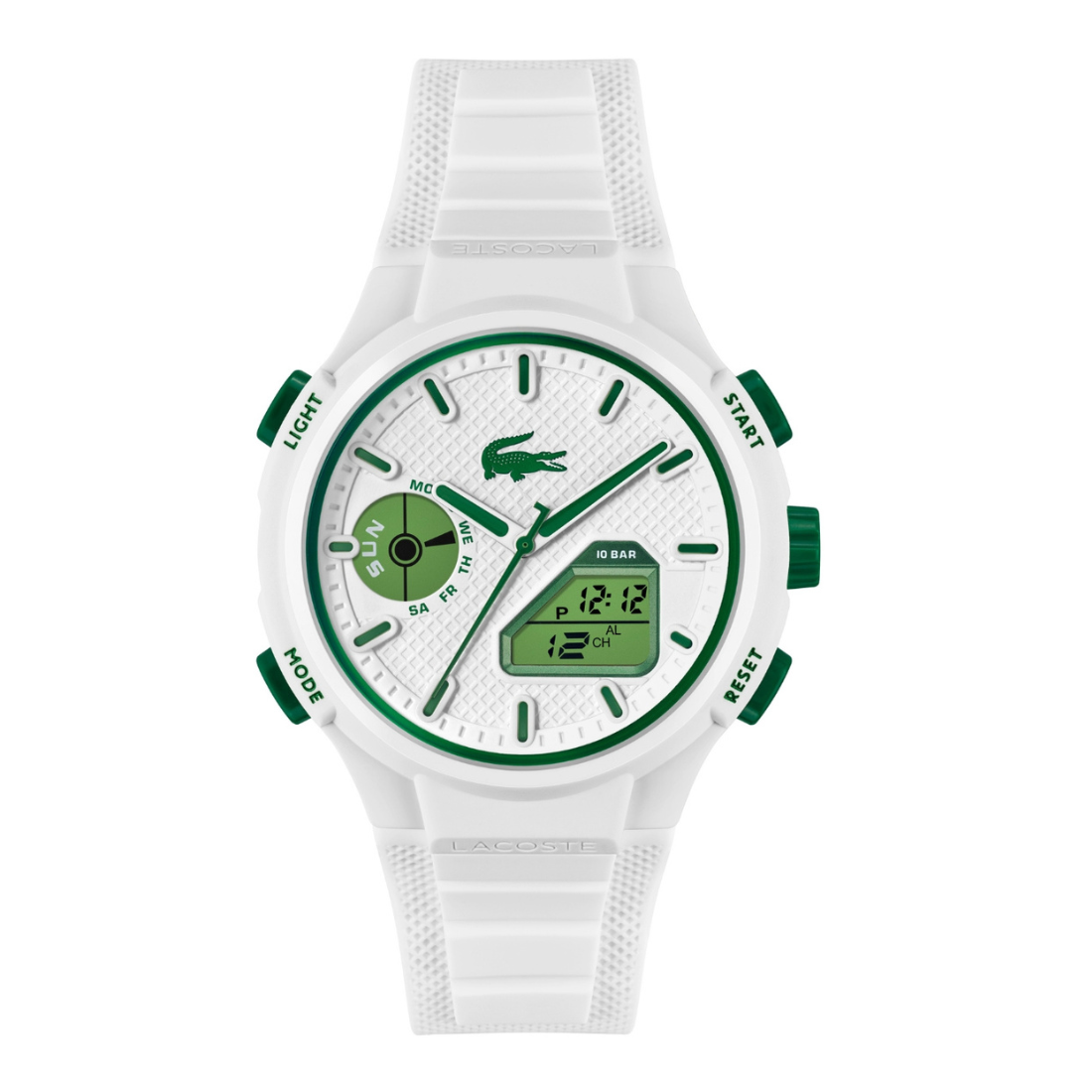 A white and green Lacoste watch with a textured silicone strap, featuring a white dial with green accents, a crocodile logo, and digital display details.