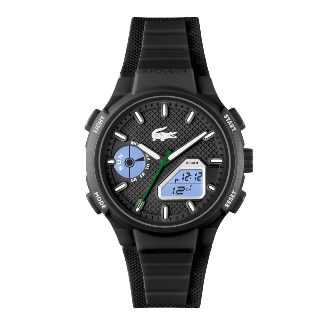 A black Lacoste sport watch with a textured black strap, black case, and a dial featuring a blue sub-dial, white indices, and a green second hand.