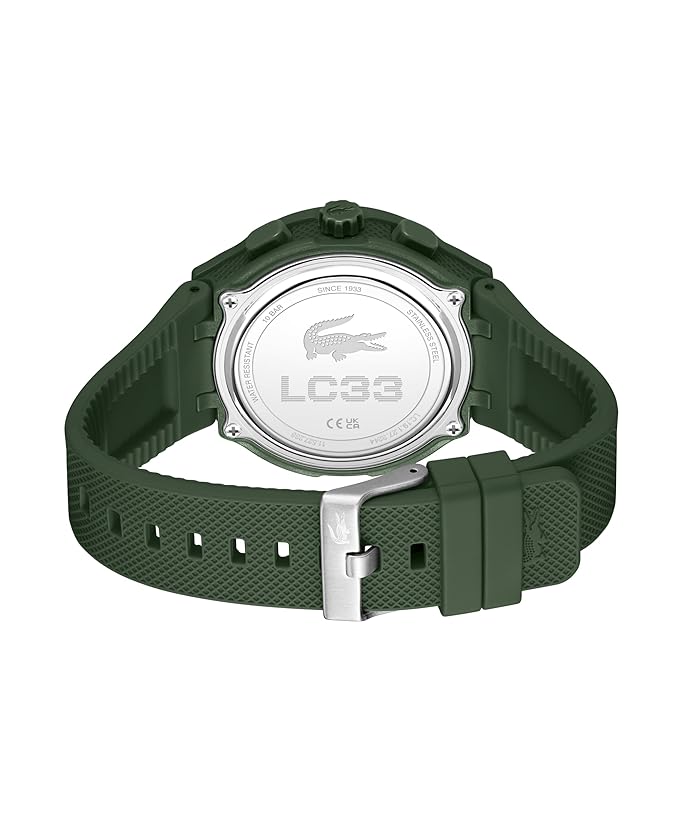 Green watch with silver accents on a white background