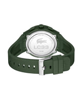 Green watch with silver accents on a white background