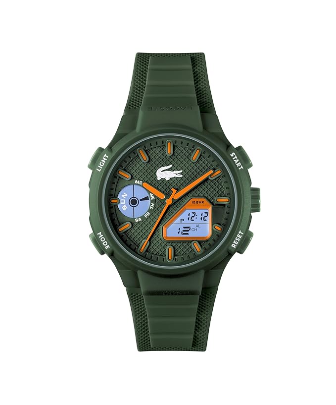 A green digital watch with a textured dial, matching green silicone strap, and orange accents, shown against a plain white background.