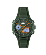 A green digital watch with a textured dial, matching green silicone strap, and orange accents, shown against a plain white background.