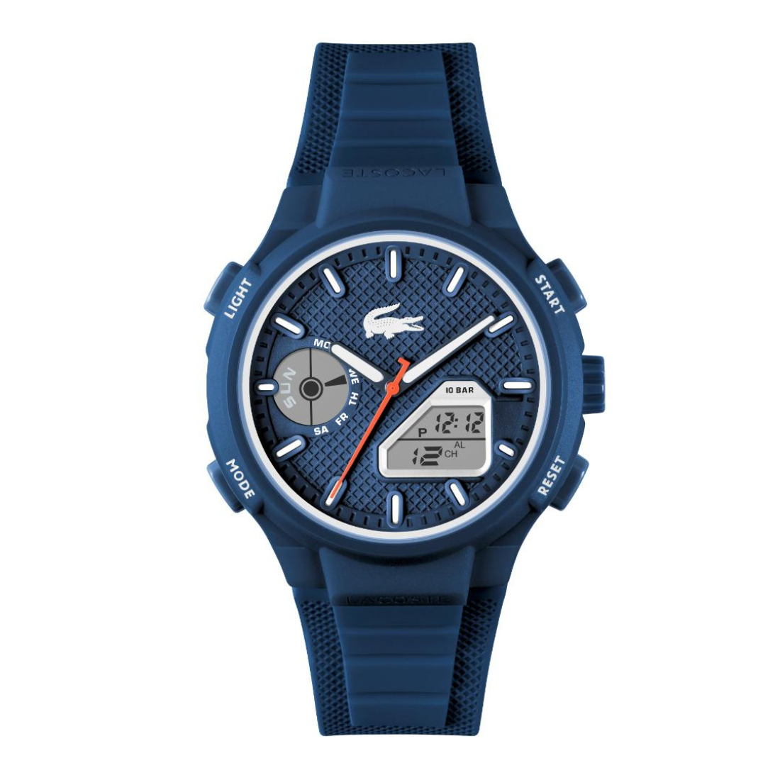 A blue digital sports watch with a textured strap, blue bezel, and a textured blue dial featuring a crocodile logo, white markings, and an orange second hand.