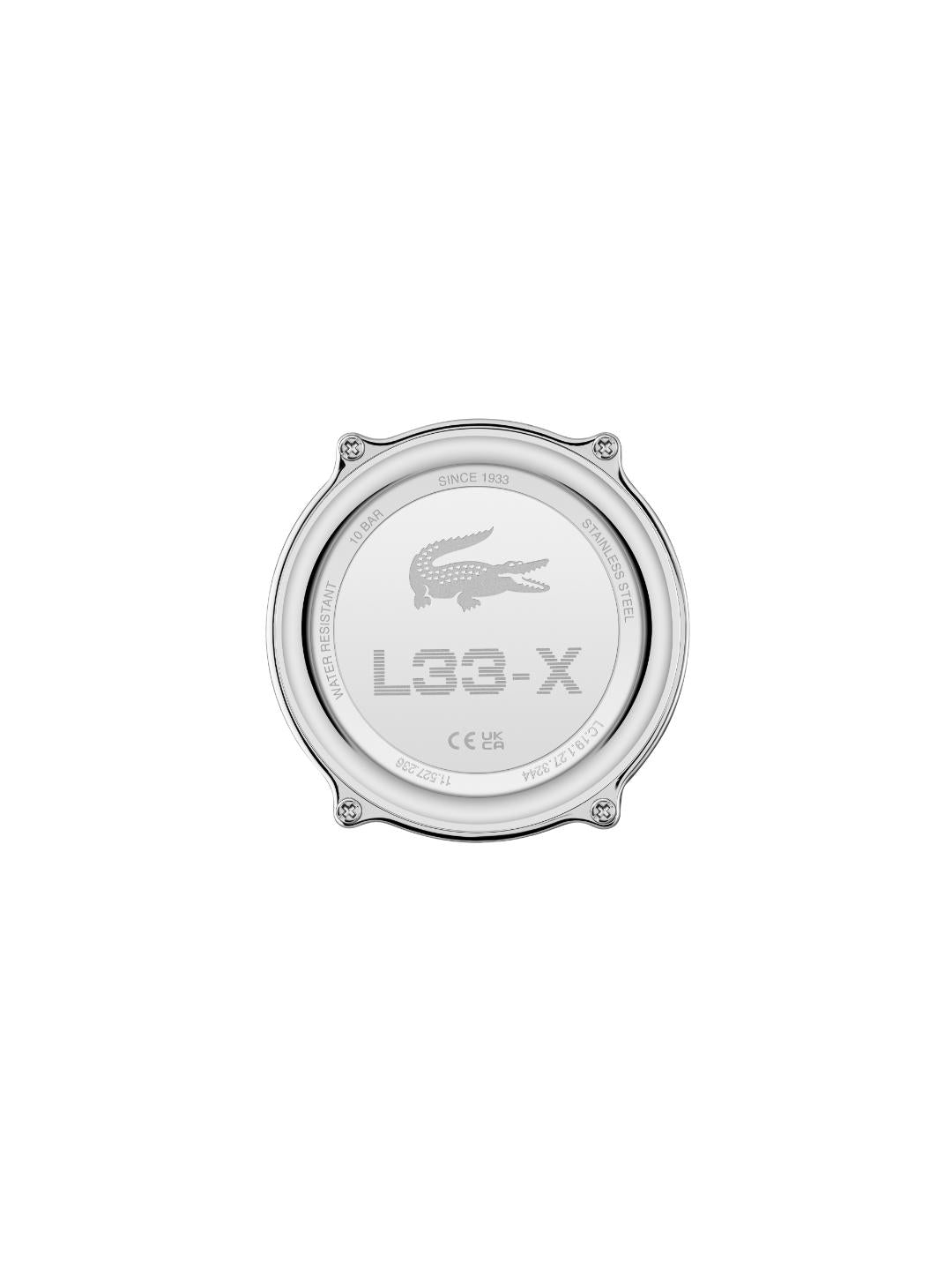 The back of a silver-tone Lacoste L33-X watch case, featuring the engraved Lacoste crocodile logo and model number L33-X, on a solid white background.