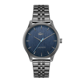 Lacoste stainless steel watch with a blue textured dial, silver-tone case and link bracelet, featuring a light blue second hand.
