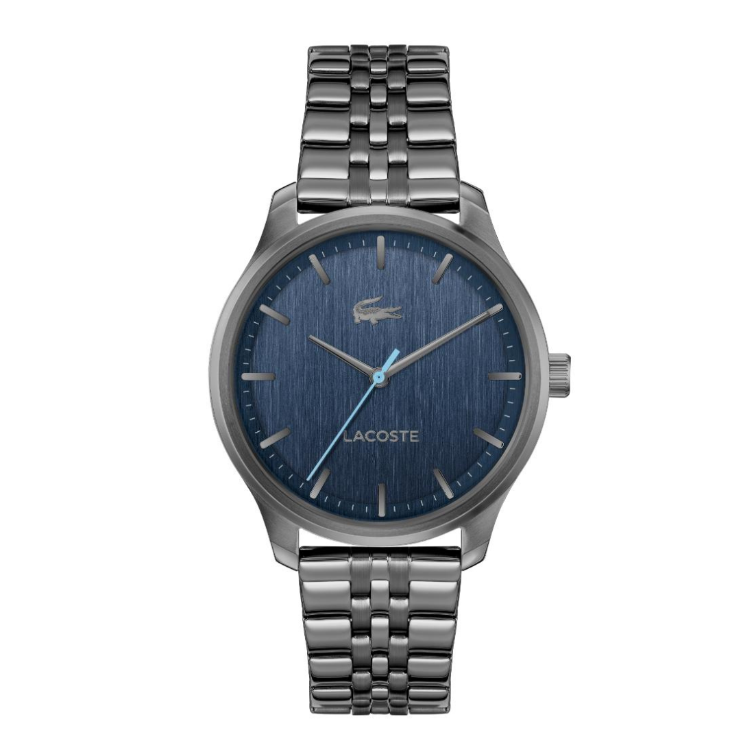 Lacoste stainless steel watch with a blue textured dial, silver-tone case and link bracelet, featuring a light blue second hand.