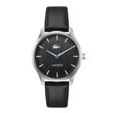 Lacoste watch with a black leather strap, a brushed black dial, silver-tone case, and a blue seconds hand on a white background.