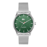 Lacoste watch with a silver stainless steel mesh strap and a green dial featuring the brand's crocodile logo.