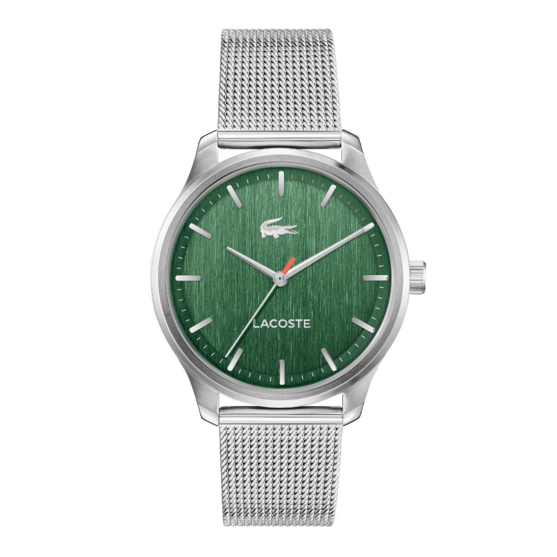 Lacoste watch with a silver stainless steel mesh strap and a green dial featuring the brand's crocodile logo.