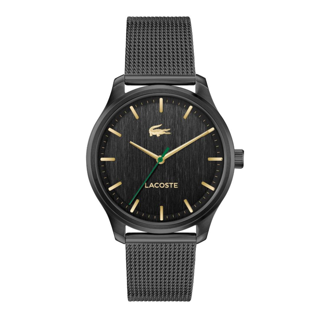 A Lacoste watch with a black dial, black case, and a black mesh strap, featuring gold-tone hour markers and hands with a green second hand.
