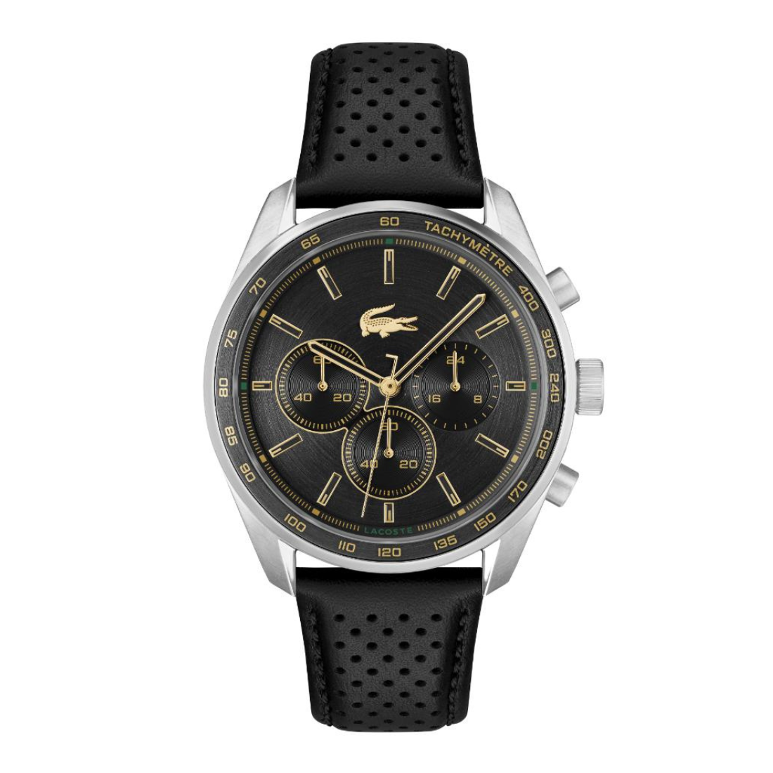 A Lacoste chronograph watch with a black perforated leather strap, a silver stainless steel case, and a black dial with gold-tone hands, markers, and subdials.