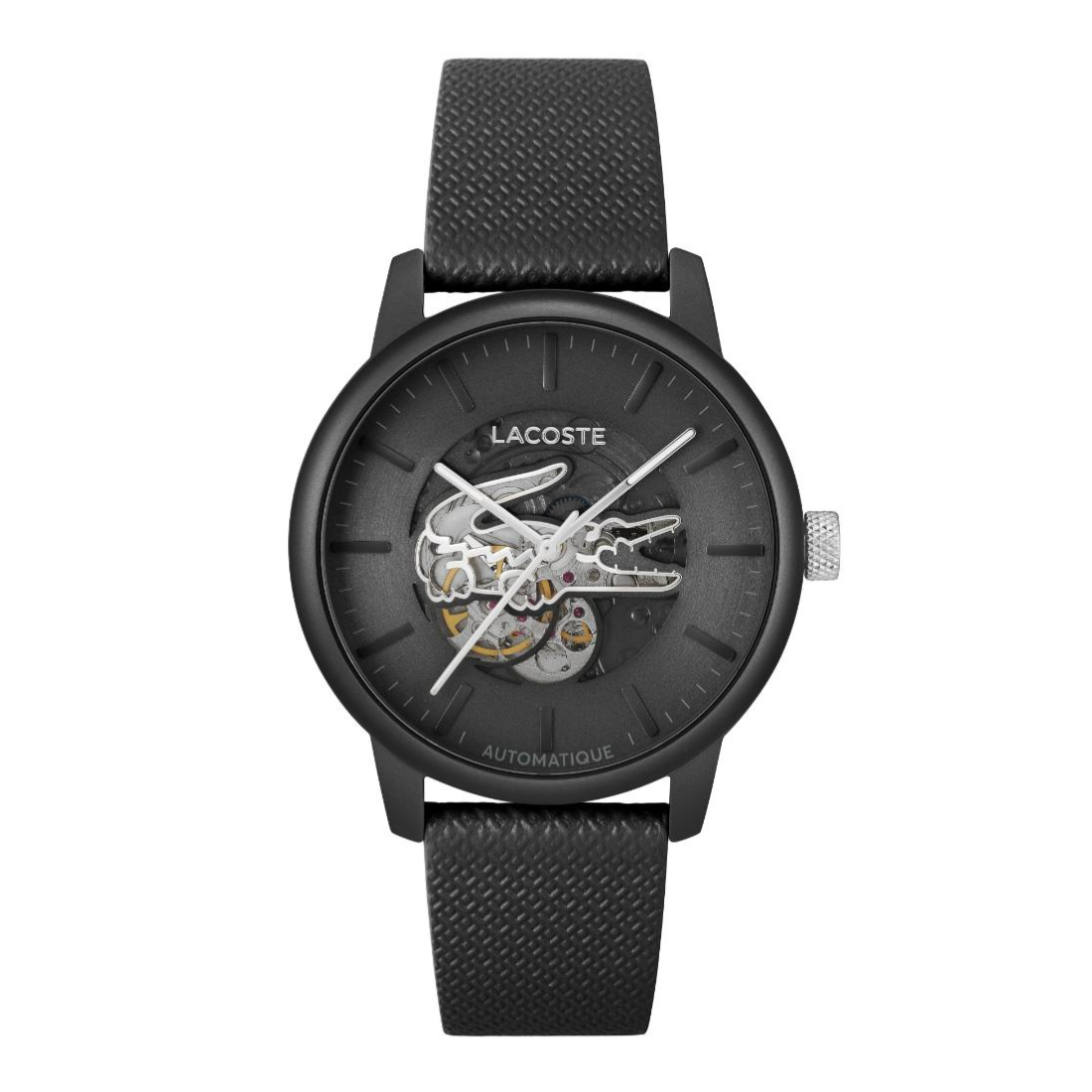 A Lacoste skeleton watch with a textured black strap, black case, and a visible mechanical movement through the dial, shown on a plain white background.