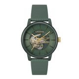 Lacoste men's automatic watch with a dark green textured strap, dark green dial, skeletonized dial showing gold-toned inner gears, and a gold crown.