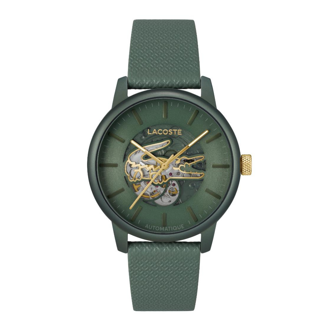 Lacoste men's automatic watch with a dark green textured strap, dark green dial, skeletonized dial showing gold-toned inner gears, and a gold crown.