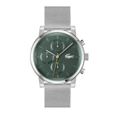 A silver-tone Lacoste chronograph watch with a dark green dial and a matching green mesh strap, shown against a plain white background.