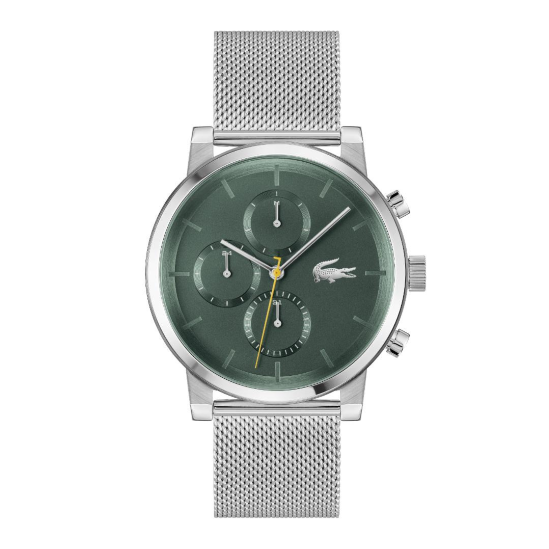 A silver-tone Lacoste chronograph watch with a dark green dial and a matching green mesh strap, shown against a plain white background.