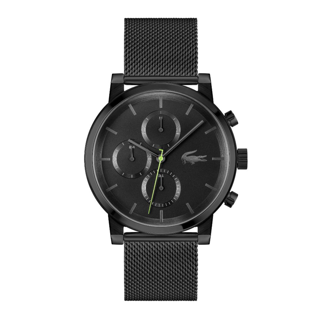A black chronograph watch with a matching black mesh strap, featuring a black dial with three subdials, a green second hand, and the Lacoste crocodile logo on the face, shown against a plain white background.