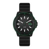 Lacoste smartwatch with a black round case, black strap, green bezel accents, and a black dial featuring a green crocodile logo.