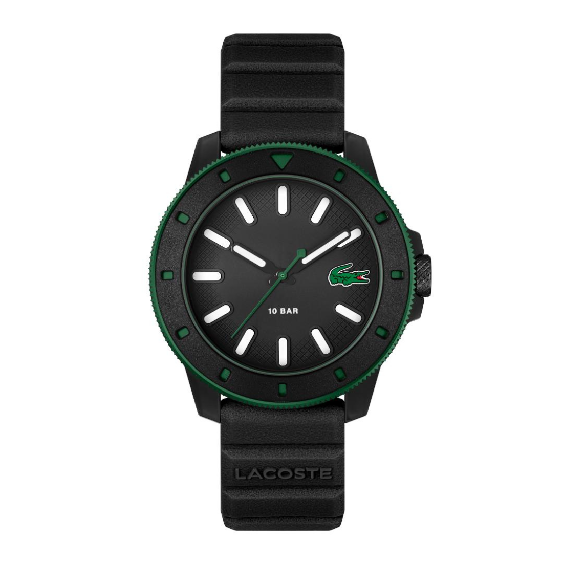 Lacoste smartwatch with a black round case, black strap, green bezel accents, and a black dial featuring a green crocodile logo.