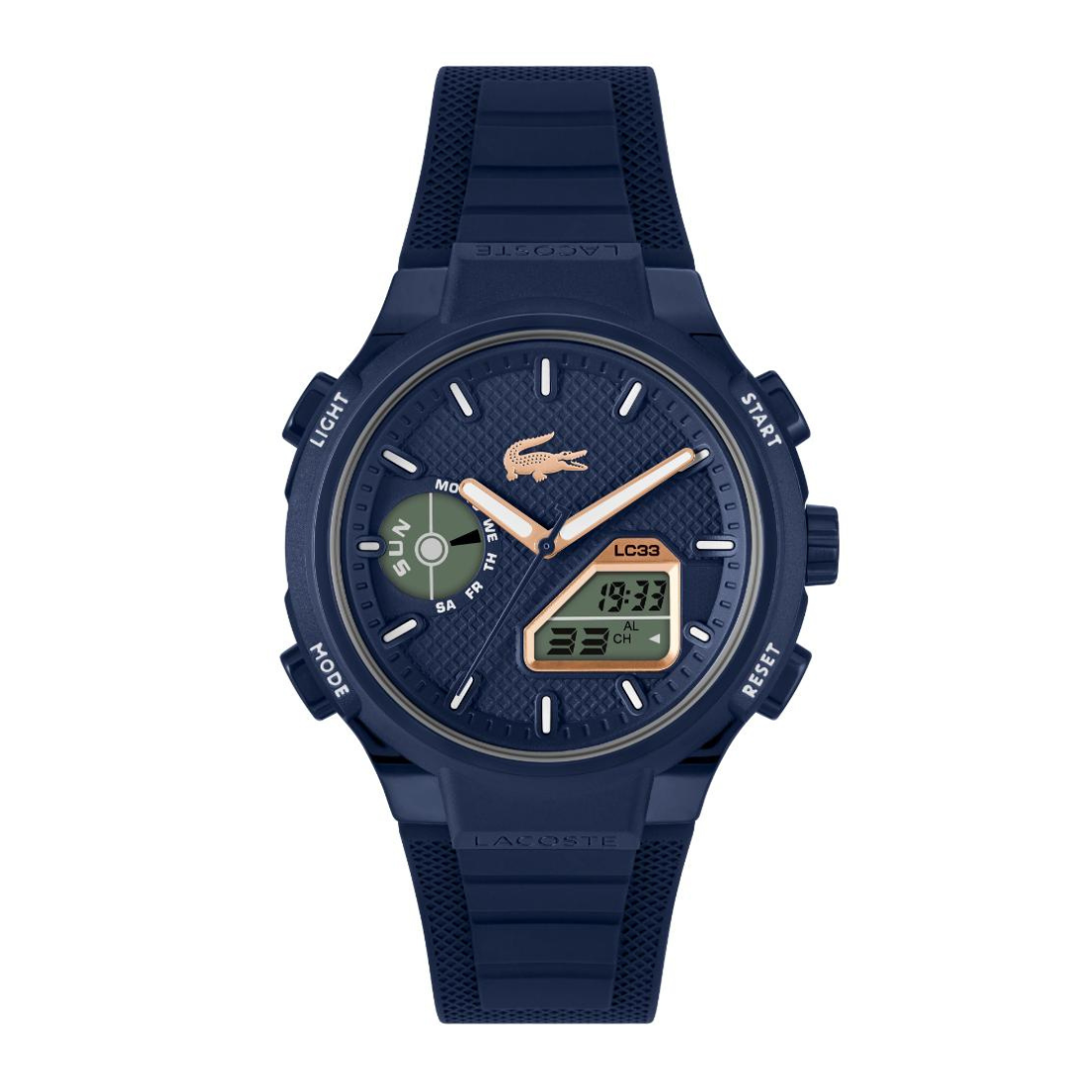 A Lacoste digital watch with a dark navy blue case and textured strap, featuring a textured blue dial with gold-tone hands, a green day-of-week indicator, and a digital LCD display.