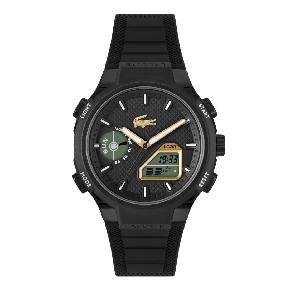 A black Lacoste L-Cosy watch with a textured black strap, black case, and a textured black dial featuring gold-tone hands, white indices, and a small digital display.