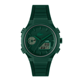 A dark green digital watch with a textured silicone strap, featuring a crocodile logo on the dial, shown against a plain white background.