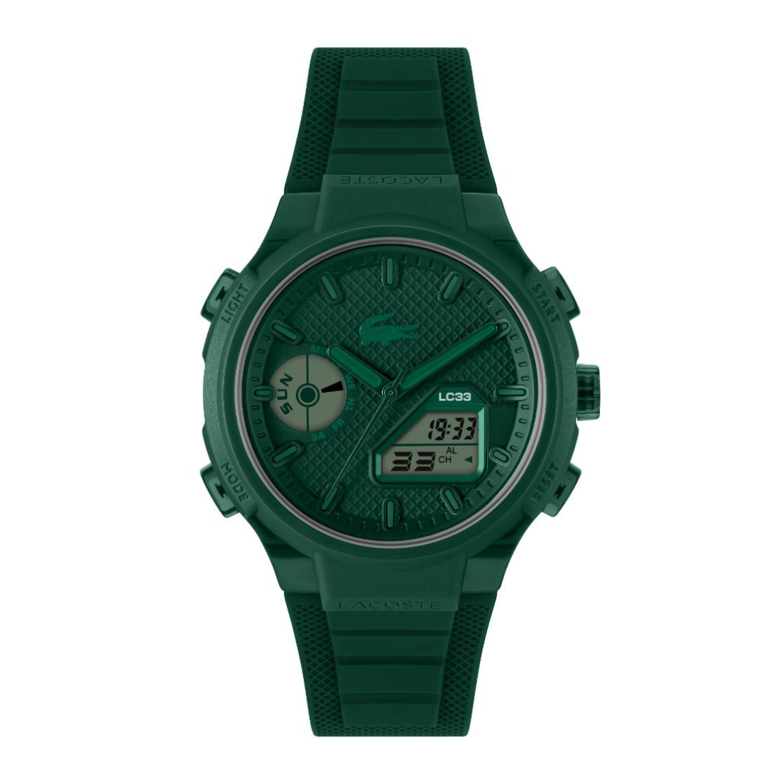 A dark green digital watch with a textured silicone strap, featuring a crocodile logo on the dial, shown against a plain white background.
