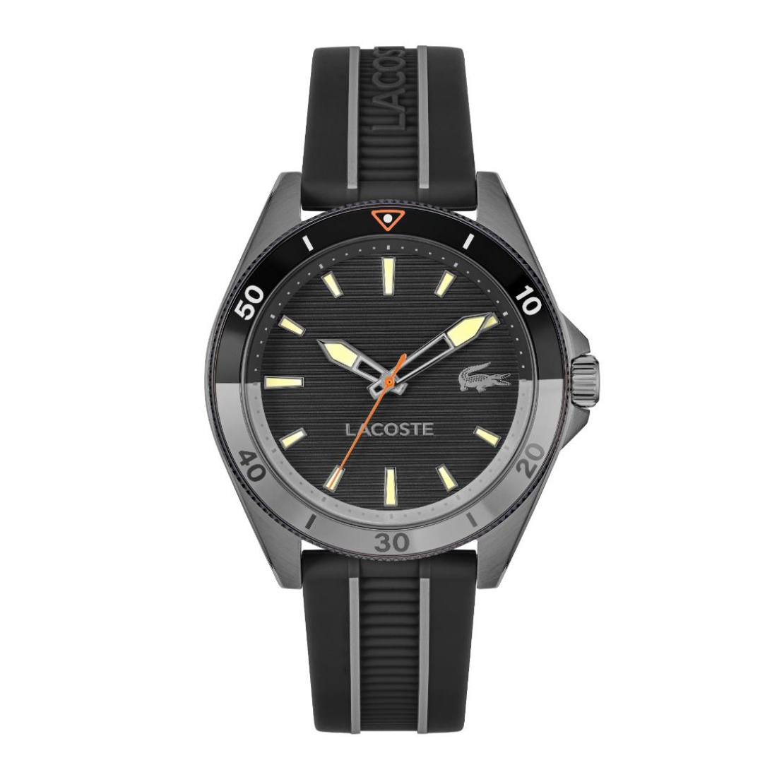 Lacoste watch with a black dial, black bezel, and a black rubber strap with silver stripes, featuring a dark gray case and silver hour markers.