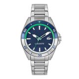 Lacoste watch with silver bracelet and blue dial on a white background