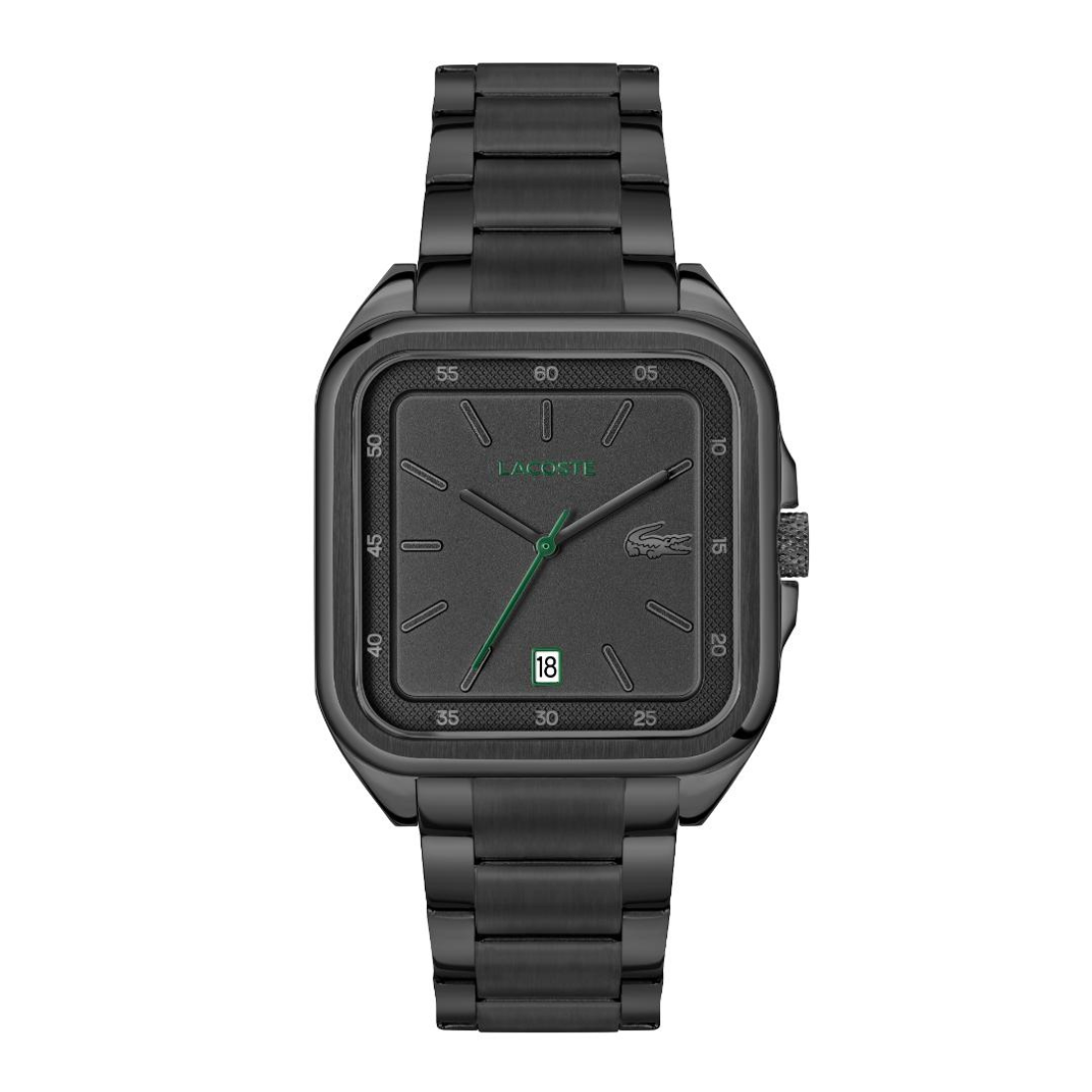 A black rectangular Lacoste watch with a matching black metal link bracelet, featuring a textured black dial, green hands and markers, and a date window at 3 o'clock.