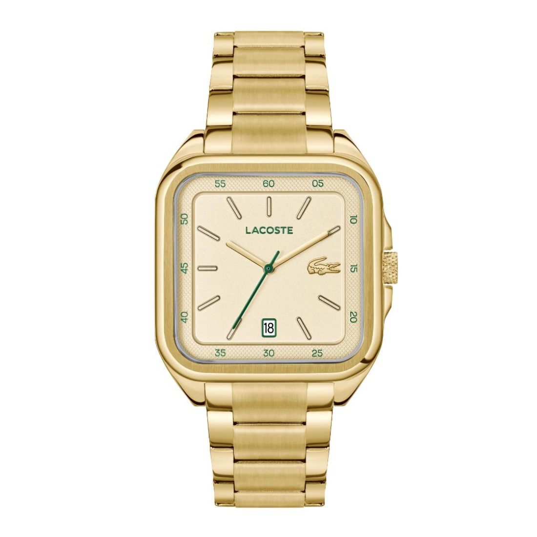 A gold-tone Lacoste watch with a square bezel, cream-colored dial, and matching gold-tone metal link bracelet, shown against a plain white background.