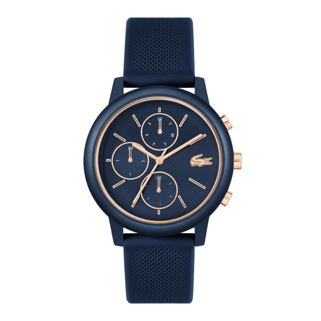 A Lacoste chronograph watch with a dark navy blue textured strap, matching navy blue dial, and rose gold accents including the logo, hands, markers, and pushers, shown on a solid white background.