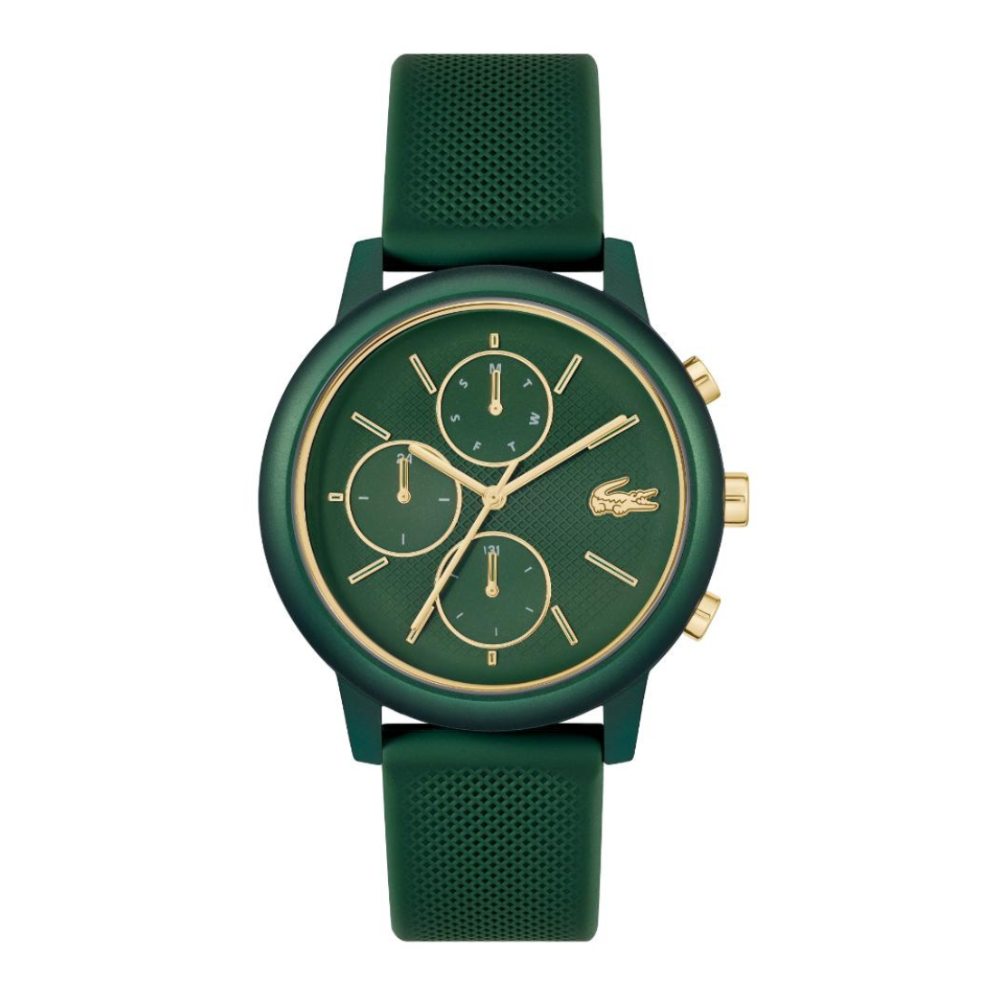 A green chronograph watch with a textured green strap, a matching green dial with gold-tone hands and markers, and a gold-tone Lacoste crocodile logo on the face, shown against a plain white background.