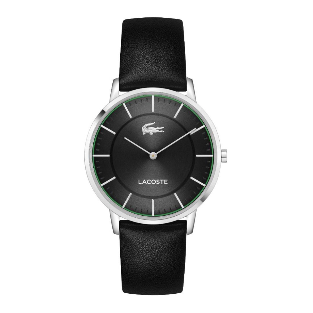 Lacoste watch with a black leather strap, black dial, silver-tone case, and a thin green accent ring on a white background.