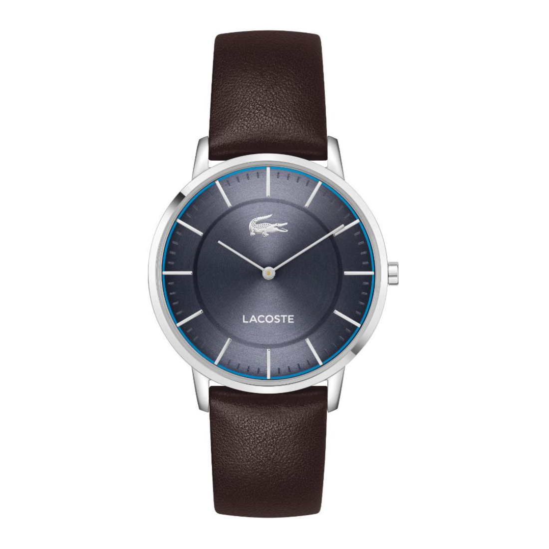 A Lacoste watch with a dark brown leather strap, a silver-toned case, and a dark blue dial with a blue inner ring.