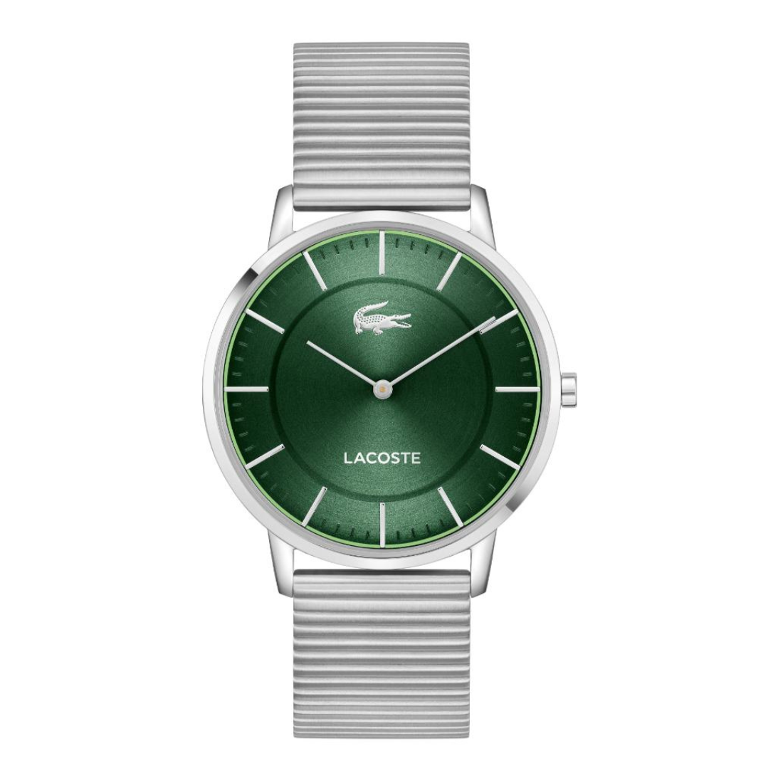 Lacoste watch with a green dial and a silver-toned metal link bracelet, shown against a plain white background.
