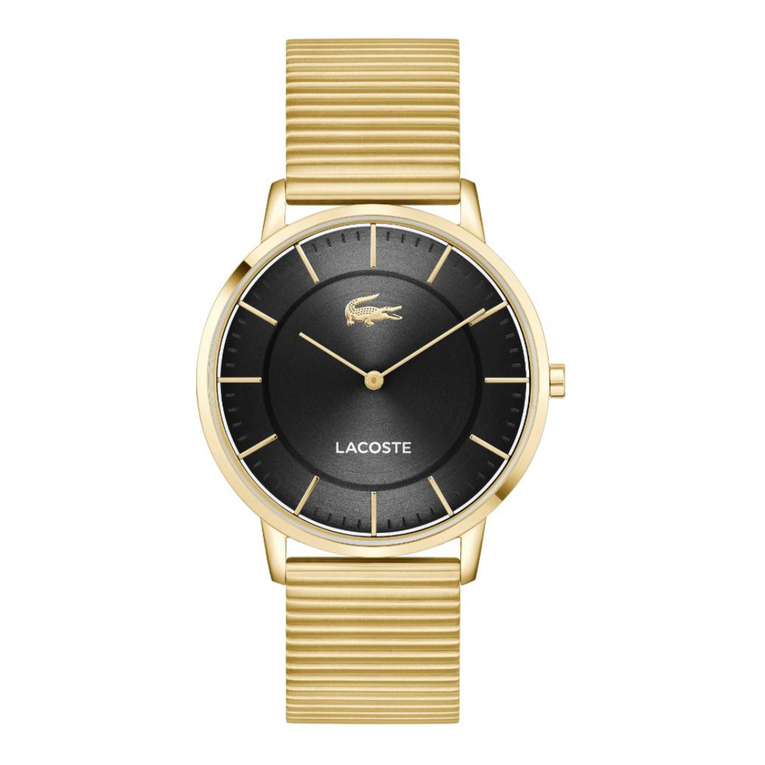 A Lacoste watch with a gold-tone metal case and textured metal bracelet, featuring a black dial with gold-tone hands, hour markers, and the iconic crocodile logo.
