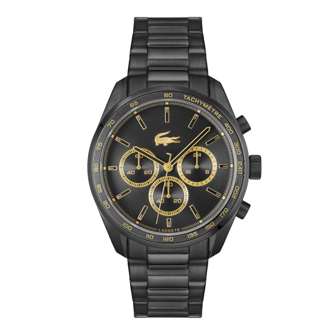 A black Lacoste chronograph watch with a matching black metal link bracelet, featuring a black dial with gold-tone hands, markers, and subdials.