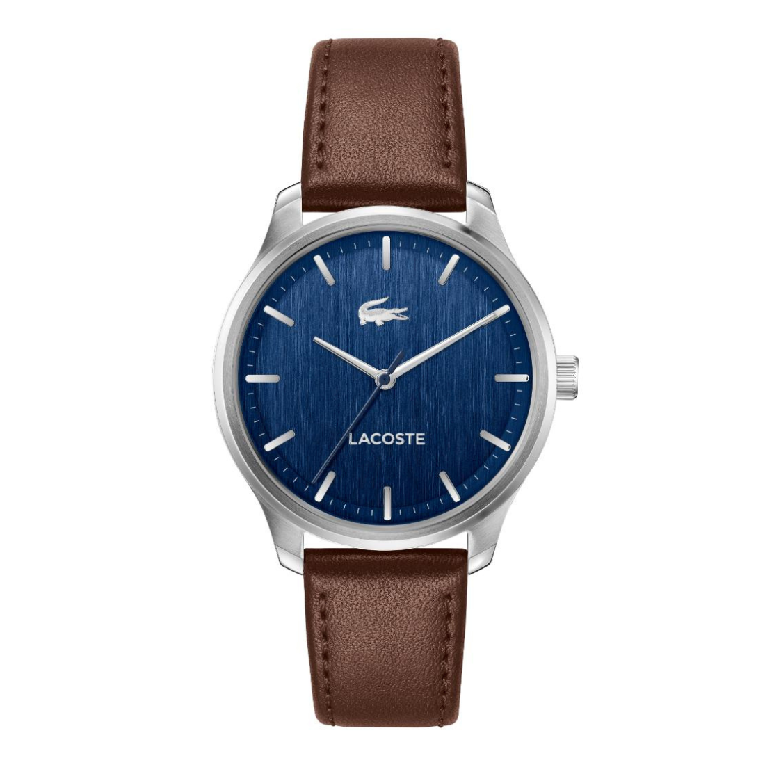 A Lacoste watch with a silver-tone stainless steel case, a textured blue dial with silver-tone indices, and a brown leather strap, shown against a plain white background.